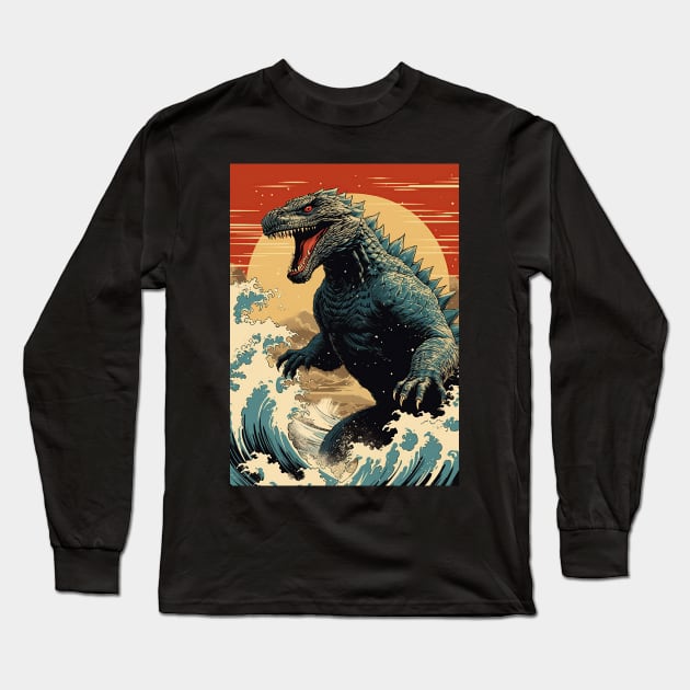 Wave and Godzilla Long Sleeve T-Shirt by 2ToastDesign